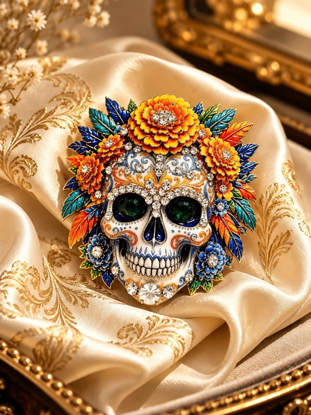 Floral Sugar Skull Brooch Pin - Orange & Multicolor - Picture 5 of 6